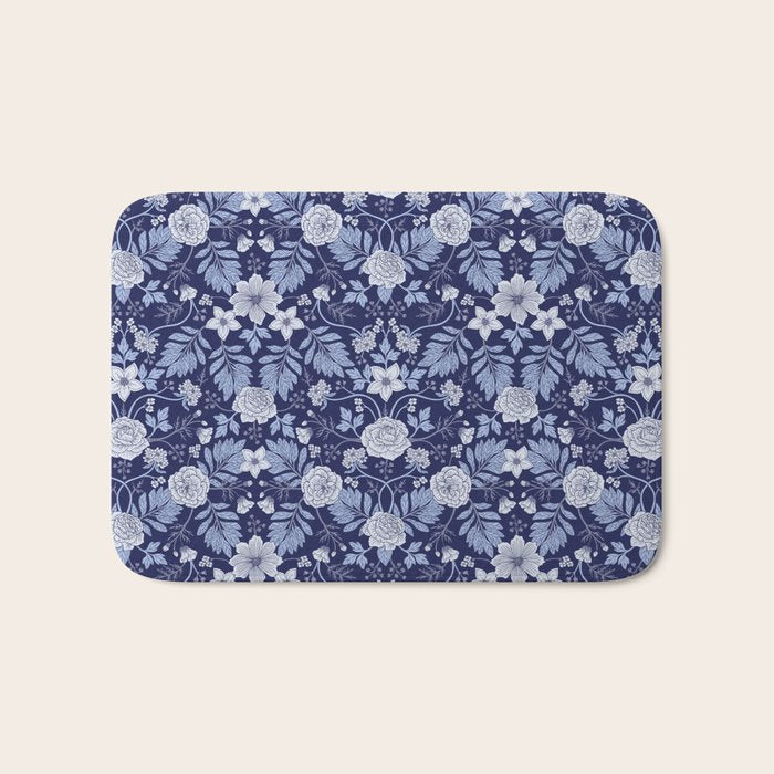 Light Blue, Cobalt Blue, & White Floral Pattern Bath Mat Gallery Image 1