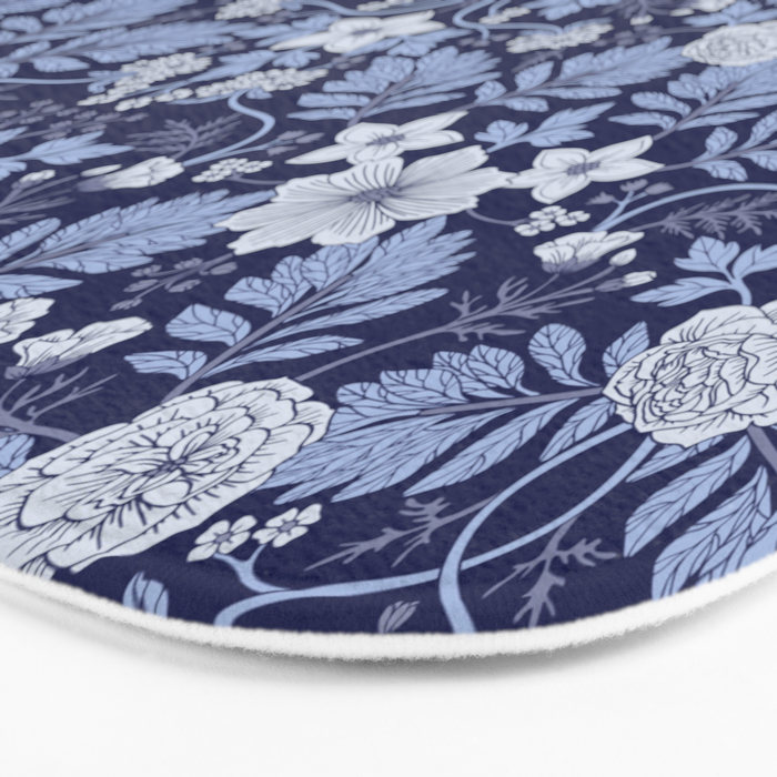 Light Blue, Cobalt Blue, & White Floral Pattern Bath Mat Gallery Image 3