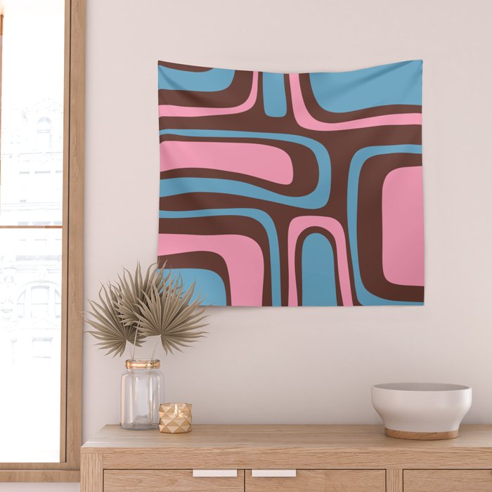 Mid-Century Modern Abstract Palm Springs Eclectic Pattern in Pink Brown Light Blue Wall Tapestry Gallery Image 2