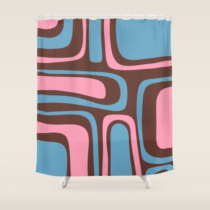 Mid-Century Modern Abstract Palm Springs Eclectic Pattern in Pink Brown Light Blue Shower Curtain Gallery Image 1