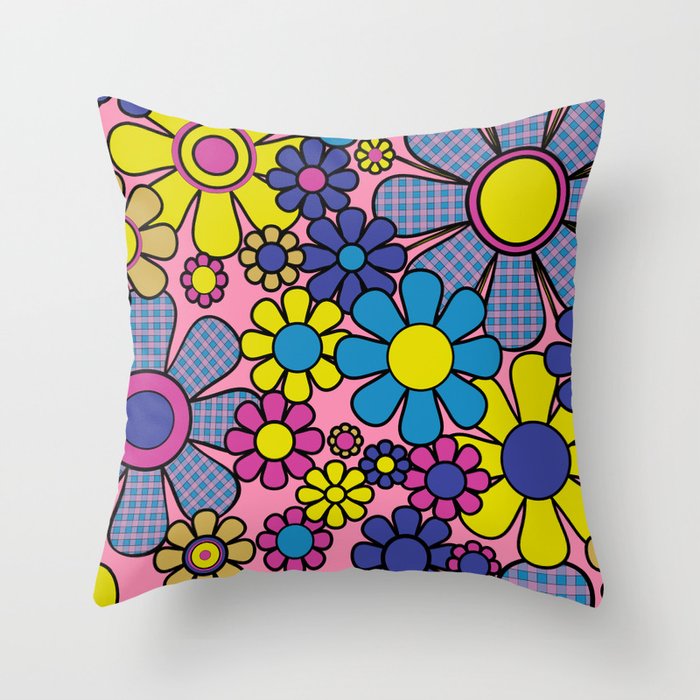 Groovy Retro Garden Gingham Flowers 60s 70s Maximalist Floral Pattern Pink Blue Yellow Throw Pillow Gallery Image 6