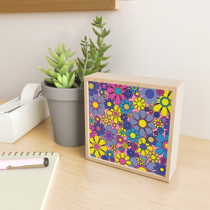 Groovy Retro Garden Gingham Flowers 60s 70s Maximalist Floral Pattern Pink Blue Yellow Mini Art Print Gallery Image 2