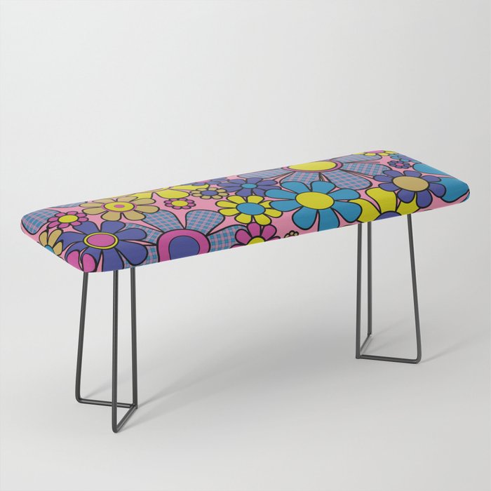 Groovy Retro Garden Gingham Flowers 60s 70s Maximalist Floral Pattern Pink Blue Yellow Bench Gallery Image 1