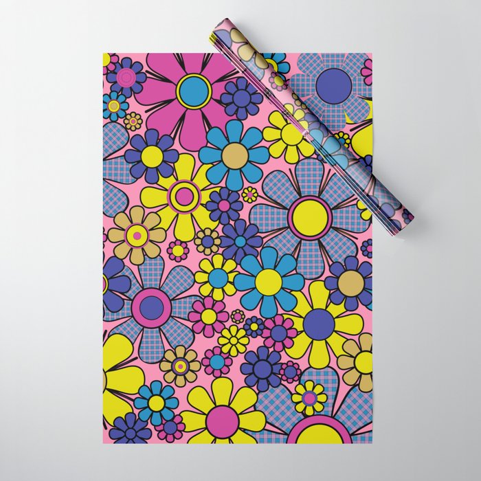 Groovy Retro Garden Gingham Flowers 60s 70s Maximalist Floral Pattern Pink Blue Yellow Wrapping Paper Gallery Image 1