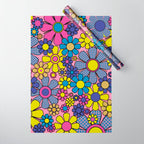 Groovy Retro Garden Gingham Flowers 60s 70s Maximalist Floral Pattern Pink Blue Yellow Wrapping Paper Gallery Image 1