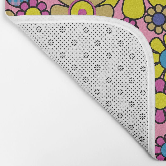 Groovy Retro Garden Gingham Flowers 60s 70s Maximalist Floral Pattern Pink Blue Yellow Bath Mat Gallery Image 2