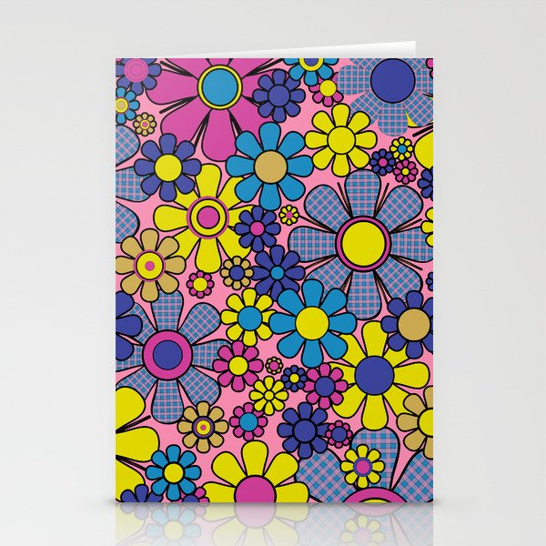 Groovy Retro Garden Gingham Flowers 60s 70s Maximalist Floral Pattern Pink Blue Yellow Stationery Card Gallery Image 2