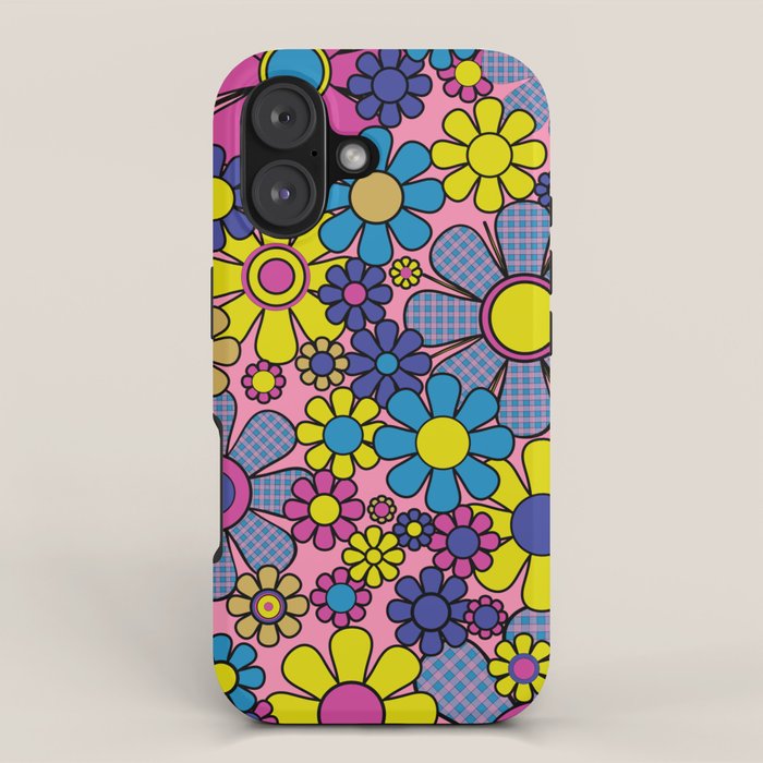 Groovy Retro Garden Gingham Flowers 60s 70s Maximalist Floral Pattern Pink Blue Yellow iPhone Case Gallery Image 1