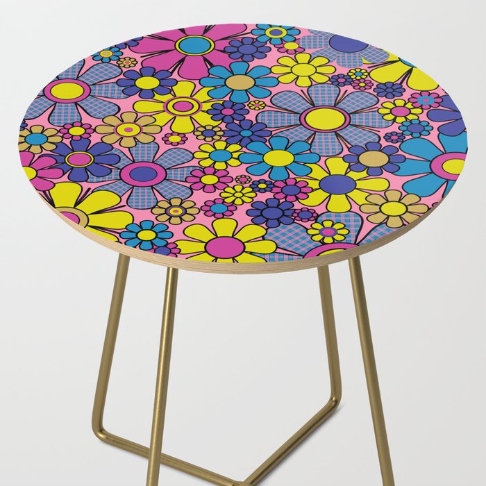 Groovy Retro Garden Gingham Flowers 60s 70s Maximalist Floral Pattern Pink Blue Yellow Side Table Gallery Image 2