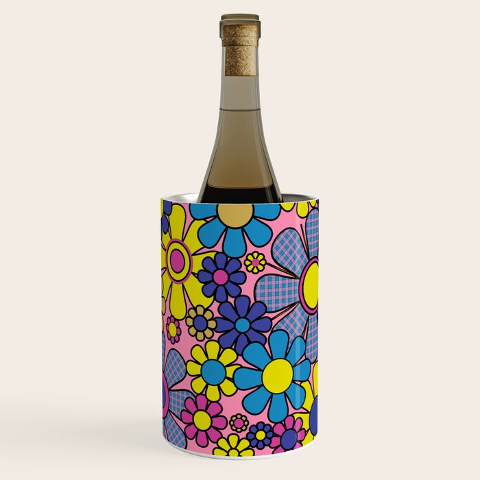 Groovy Retro Garden Gingham Flowers 60s 70s Maximalist Floral Pattern Pink Blue Yellow Wine Chiller Gallery Image 1