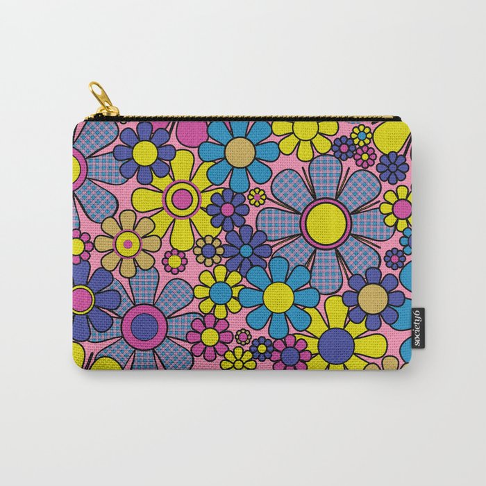 Groovy Retro Garden Gingham Flowers 60s 70s Maximalist Floral Pattern Pink Blue Yellow Carry All Pouch Gallery Image 1