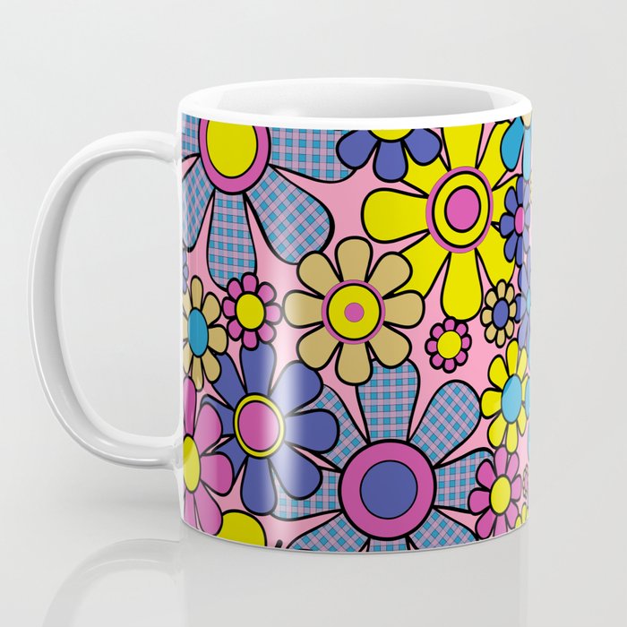 Groovy Retro Garden Gingham Flowers 60s 70s Maximalist Floral Pattern Pink Blue Yellow Coffee Mug Gallery Image 3
