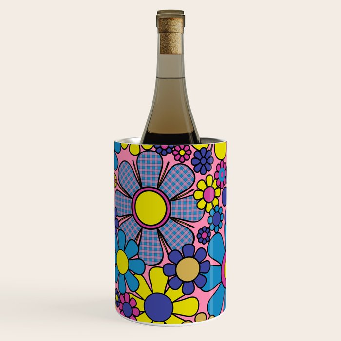 Groovy Retro Garden Gingham Flowers 60s 70s Maximalist Floral Pattern Pink Blue Yellow Wine Chiller Gallery Image 3