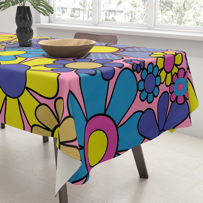 Groovy Retro Garden Gingham Flowers 60s 70s Maximalist Floral Pattern Pink Blue Yellow Tablecloth Gallery Image 3
