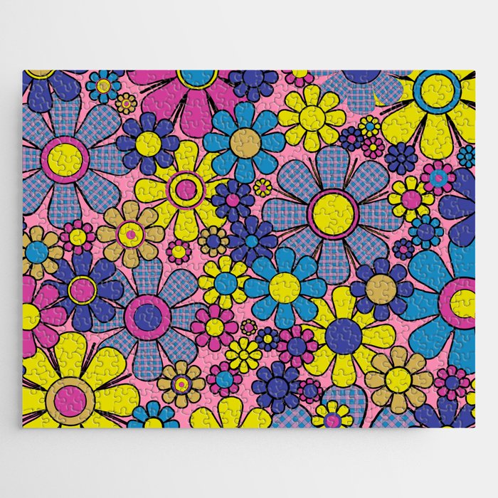 Groovy Retro Garden Gingham Flowers 60s 70s Maximalist Floral Pattern Pink Blue Yellow Jigsaw Puzzle Gallery Image 1