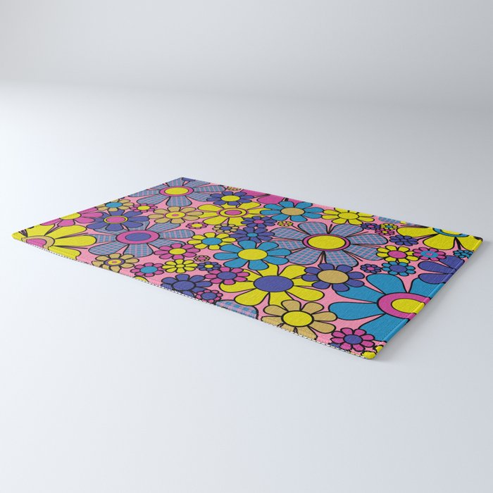 Groovy Retro Garden Gingham Flowers 60s 70s Maximalist Floral Pattern Pink Blue Yellow Rug Gallery Image 3