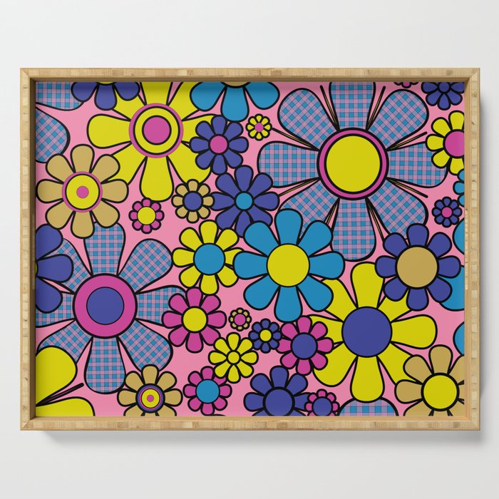 Groovy Retro Garden Gingham Flowers 60s 70s Maximalist Floral Pattern Pink Blue Yellow Serving Tray Gallery Image 1