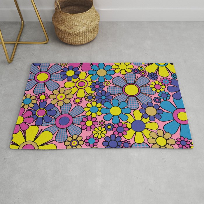 Groovy Retro Garden Gingham Flowers 60s 70s Maximalist Floral Pattern Pink Blue Yellow Rug Gallery Image 1