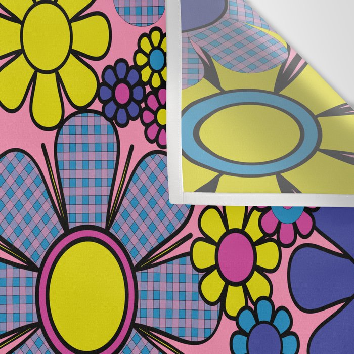 Groovy Retro Garden Gingham Flowers 60s 70s Maximalist Floral Pattern Pink Blue Yellow Wall Tapestry Gallery Image 3