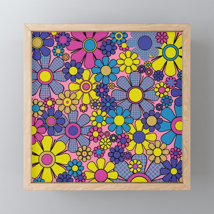 Groovy Retro Garden Gingham Flowers 60s 70s Maximalist Floral Pattern Pink Blue Yellow Mini Art Print Gallery Image 1
