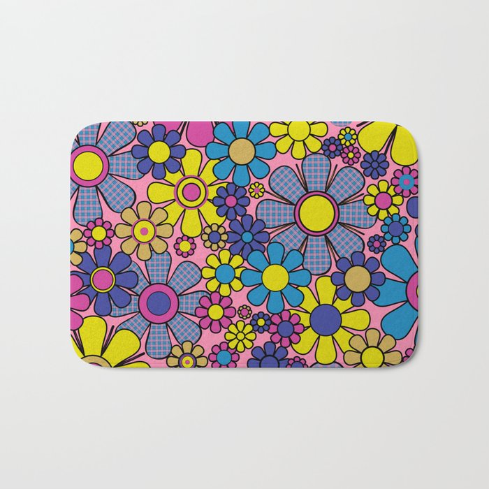 Groovy Retro Garden Gingham Flowers 60s 70s Maximalist Floral Pattern Pink Blue Yellow Bath Mat Gallery Image 1