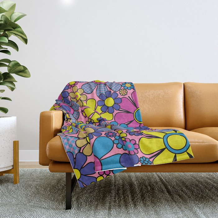Groovy Retro Garden Gingham Flowers 60s 70s Maximalist Floral Pattern Pink Blue Yellow Throw Blanket Gallery Image 1