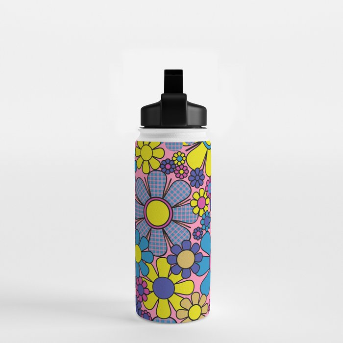 Groovy Retro Garden Gingham Flowers 60s 70s Maximalist Floral Pattern Pink Blue Yellow Water Bottle Gallery Image 2