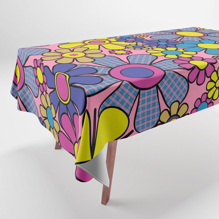 Groovy Retro Garden Gingham Flowers 60s 70s Maximalist Floral Pattern Pink Blue Yellow Tablecloth Gallery Image 1