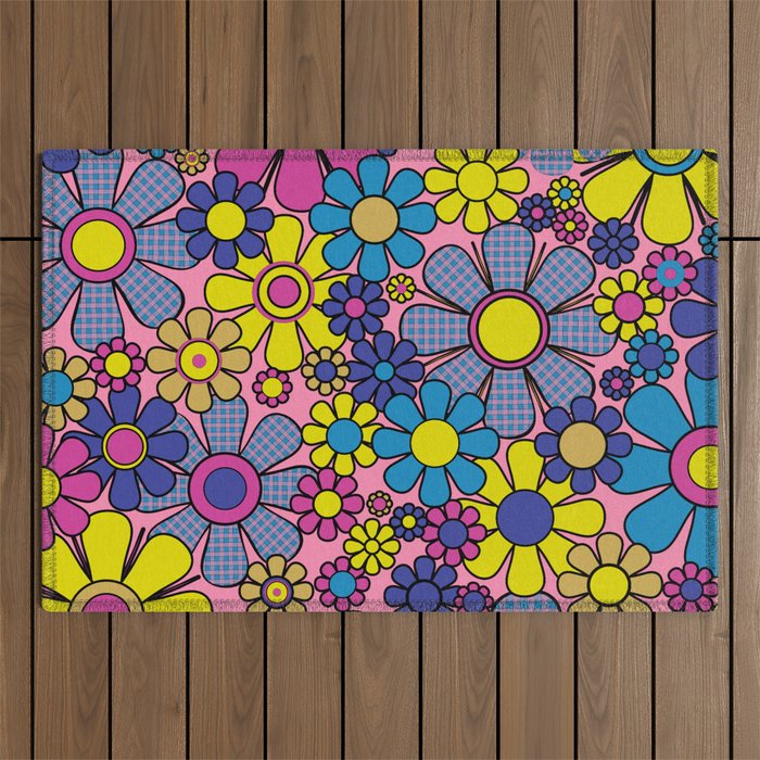 Groovy Retro Garden Gingham Flowers 60s 70s Maximalist Floral Pattern Pink Blue Yellow Outdoor Rug Gallery Image 1