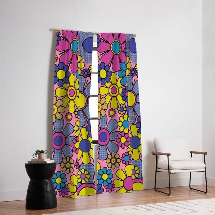 Groovy Retro Garden Gingham Flowers 60s 70s Maximalist Floral Pattern Pink Blue Yellow Window Curtain Gallery Image 2