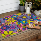 Groovy Retro Garden Gingham Flowers 60s 70s Maximalist Floral Pattern Pink Blue Yellow Outdoor Rug Gallery Image 2