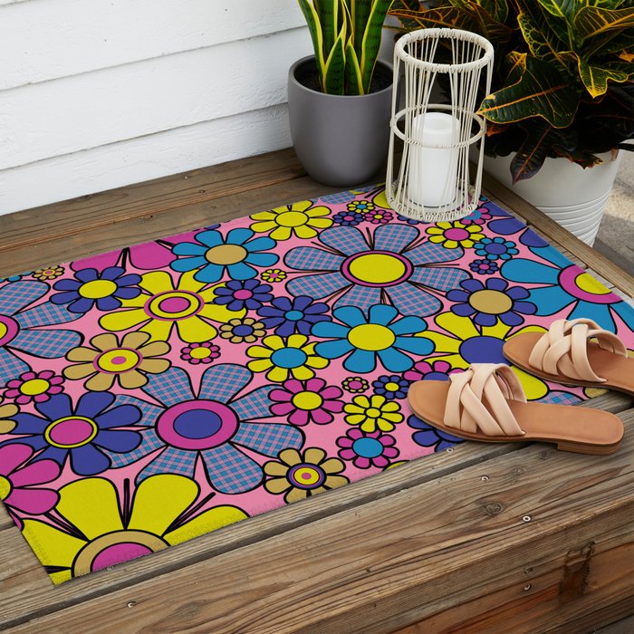 Groovy Retro Garden Gingham Flowers 60s 70s Maximalist Floral Pattern Pink Blue Yellow Outdoor Rug Gallery Image 2