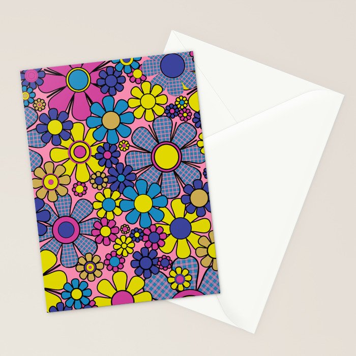 Groovy Retro Garden Gingham Flowers 60s 70s Maximalist Floral Pattern Pink Blue Yellow Stationery Card Gallery Image 2