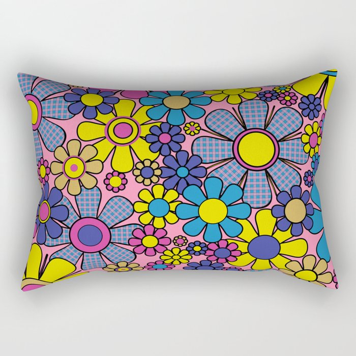 Groovy Retro Garden Gingham Flowers 60s 70s Maximalist Floral Pattern Pink Blue Yellow Rectangular Pillow Gallery Image 1