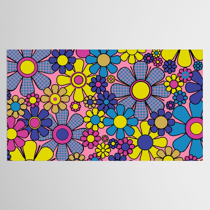 Groovy Retro Garden Gingham Flowers 60s 70s Maximalist Floral Pattern Pink Blue Yellow Tablecloth Gallery Image 2