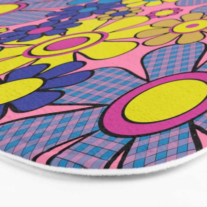 Groovy Retro Garden Gingham Flowers 60s 70s Maximalist Floral Pattern Pink Blue Yellow Bath Mat Gallery Image 3