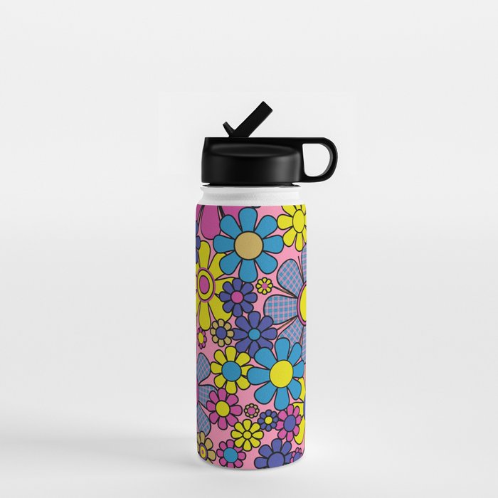 Groovy Retro Garden Gingham Flowers 60s 70s Maximalist Floral Pattern Pink Blue Yellow Water Bottle Gallery Image 1
