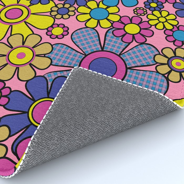 Groovy Retro Garden Gingham Flowers 60s 70s Maximalist Floral Pattern Pink Blue Yellow Rug Gallery Image 4