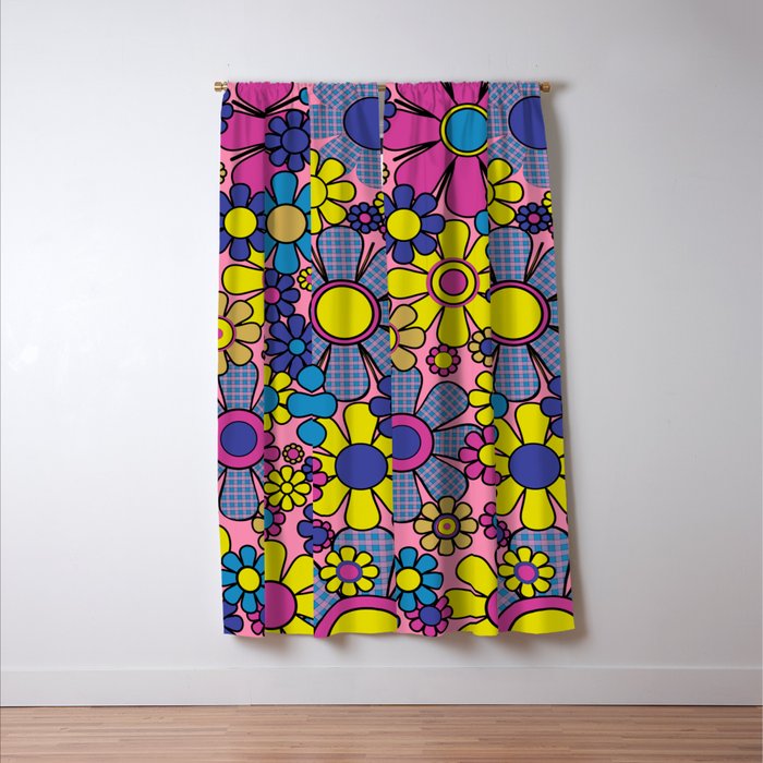 Groovy Retro Garden Gingham Flowers 60s 70s Maximalist Floral Pattern Pink Blue Yellow Window Curtain Gallery Image 3
