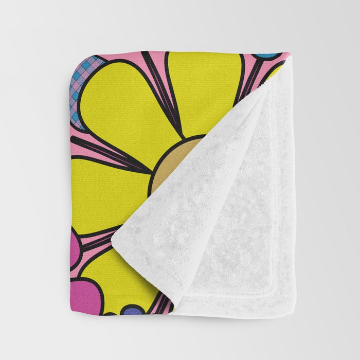 Groovy Retro Garden Gingham Flowers 60s 70s Maximalist Floral Pattern Pink Blue Yellow Throw Blanket Gallery Image 3