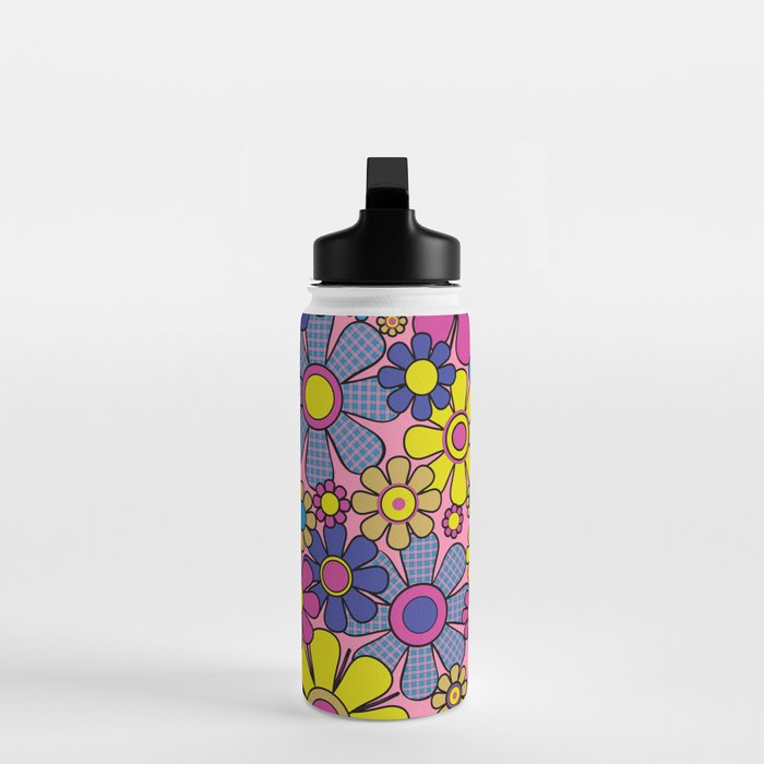 Groovy Retro Garden Gingham Flowers 60s 70s Maximalist Floral Pattern Pink Blue Yellow Water Bottle Gallery Image 3
