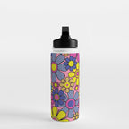 Groovy Retro Garden Gingham Flowers 60s 70s Maximalist Floral Pattern Pink Blue Yellow Water Bottle Gallery Image 3