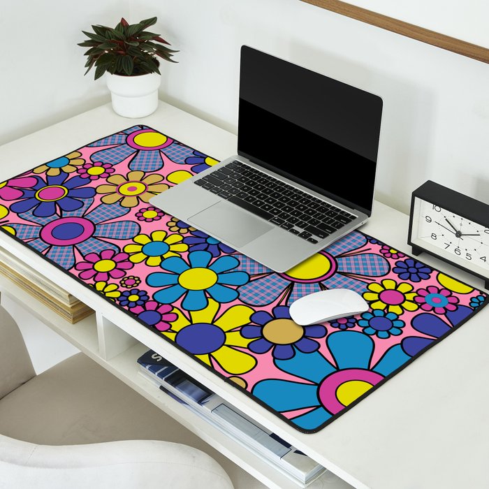 Groovy Retro Garden Gingham Flowers 60s 70s Maximalist Floral Pattern Pink Blue Yellow Desk Mat Gallery Image 2