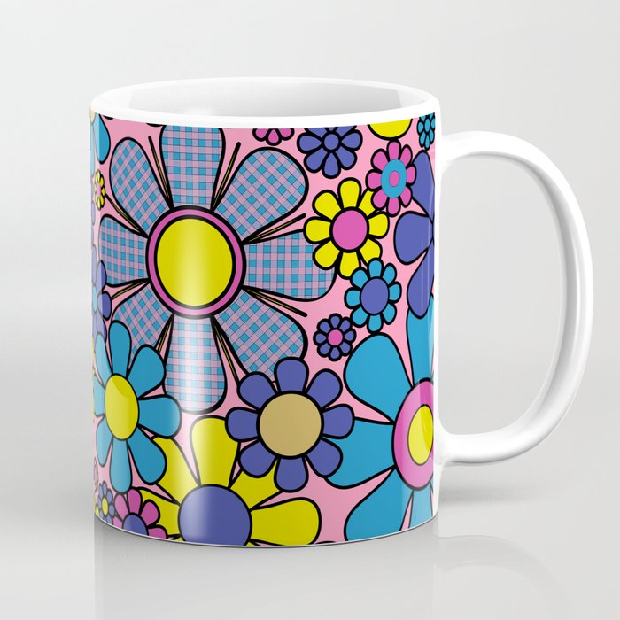 Groovy Retro Garden Gingham Flowers 60s 70s Maximalist Floral Pattern Pink Blue Yellow Coffee Mug Gallery Image 1