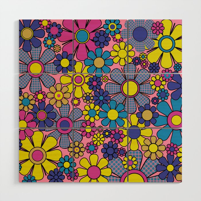 Groovy Retro Garden Gingham Flowers 60s 70s Maximalist Floral Pattern Pink Blue Yellow Wood Wall Art Gallery Image 1