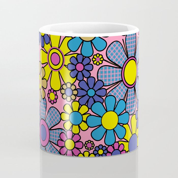 Groovy Retro Garden Gingham Flowers 60s 70s Maximalist Floral Pattern Pink Blue Yellow Coffee Mug Gallery Image 4