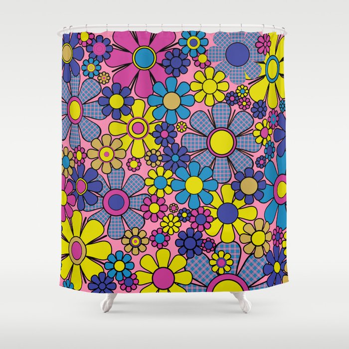 Groovy Retro Garden Gingham Flowers 60s 70s Maximalist Floral Pattern Pink Blue Yellow Shower Curtain Gallery Image 1