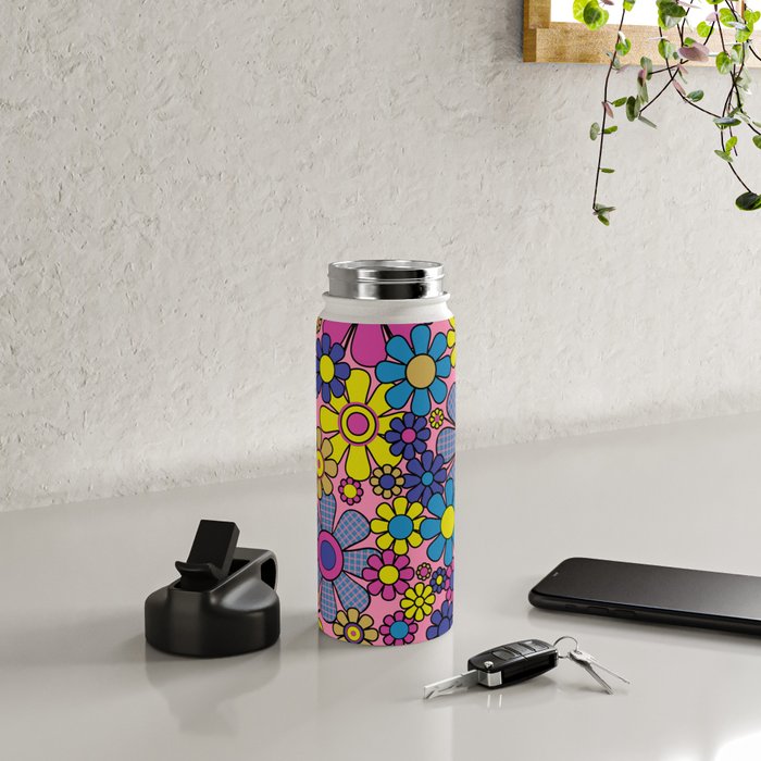 Groovy Retro Garden Gingham Flowers 60s 70s Maximalist Floral Pattern Pink Blue Yellow Water Bottle Gallery Image 4