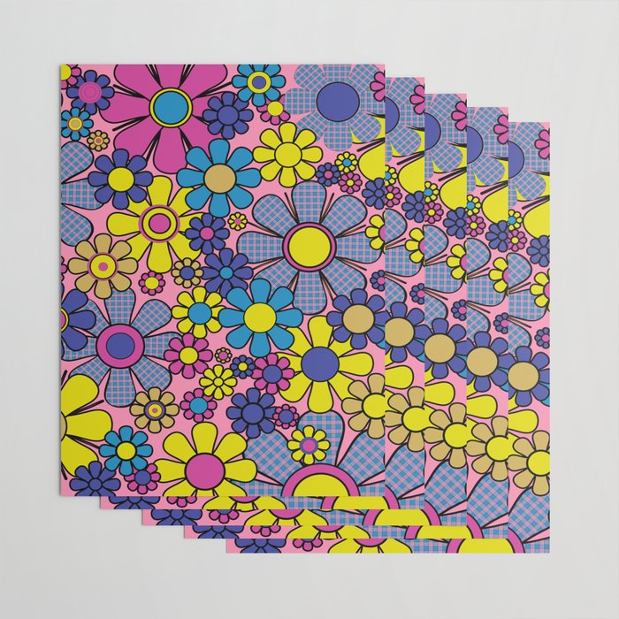 Groovy Retro Garden Gingham Flowers 60s 70s Maximalist Floral Pattern Pink Blue Yellow Wrapping Paper Gallery Image 3