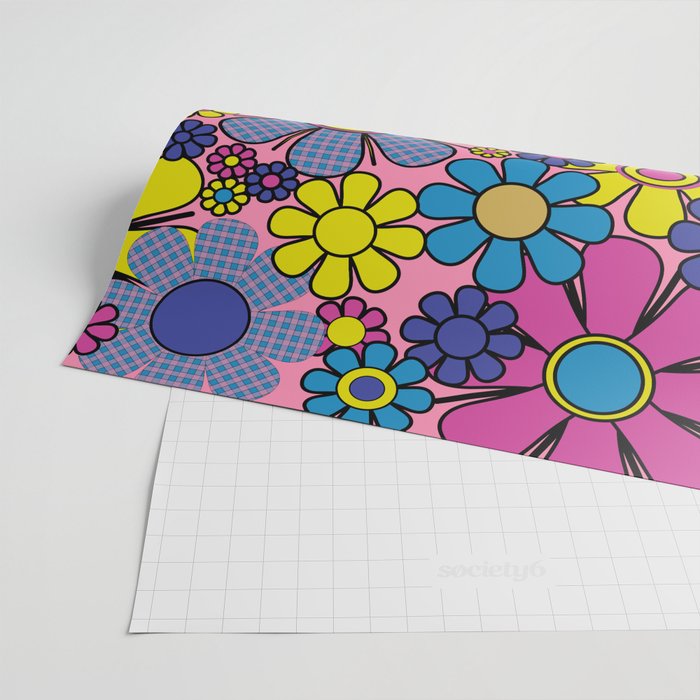 Groovy Retro Garden Gingham Flowers 60s 70s Maximalist Floral Pattern Pink Blue Yellow Wrapping Paper Gallery Image 2